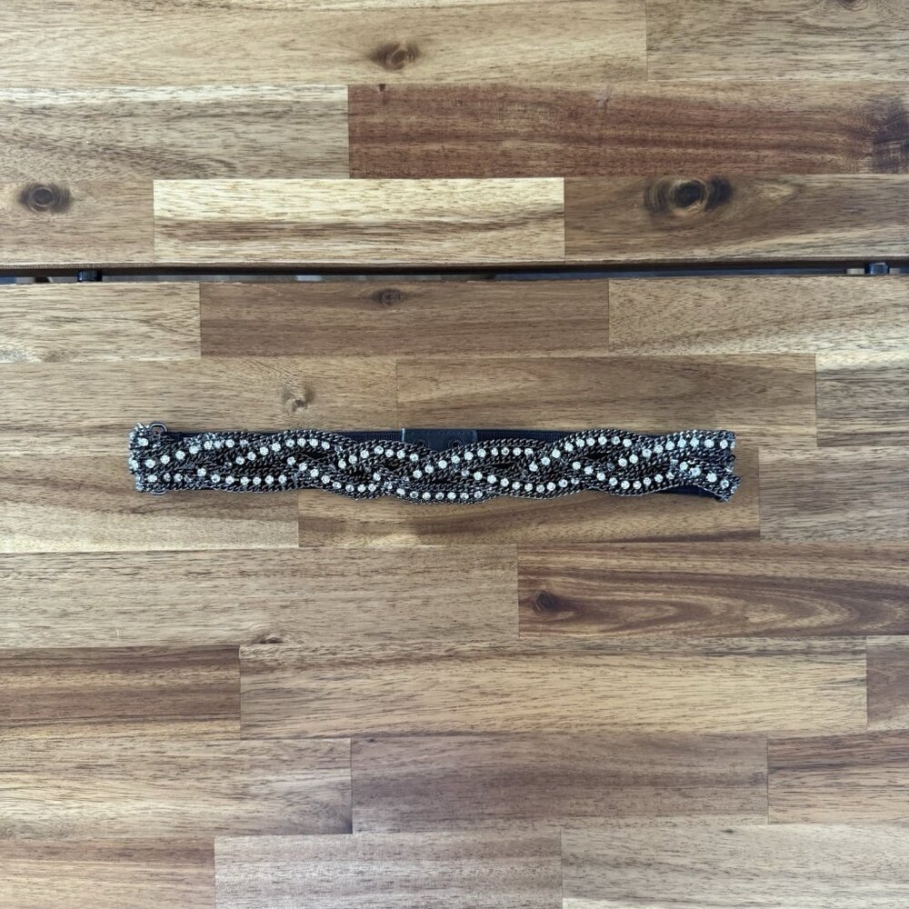 J. Crew Women's Rhinestone Gunmetal Braided Stretch Belt Size XS-S Preppy